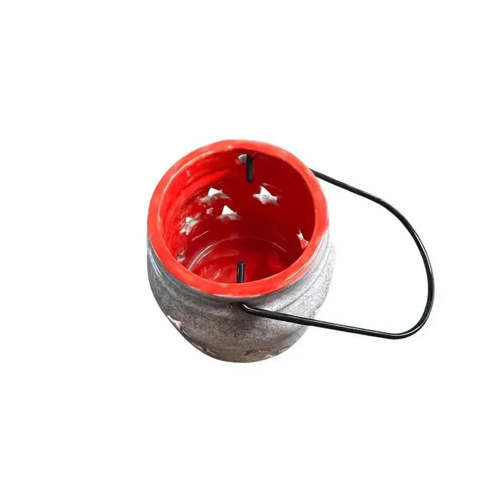 Rustic Ceramic Star Lantern Speckled Grey‎ Red Interior Mason Jar Style 3.5